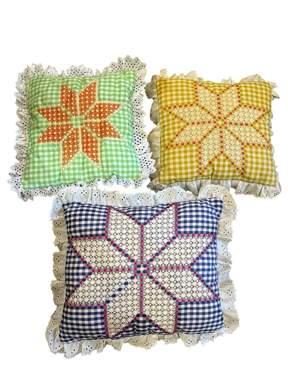 Lot of 3-Vtg Hand Made 
Chicken Scratch embroidery Throw Pillow-Cottage Core-EUC